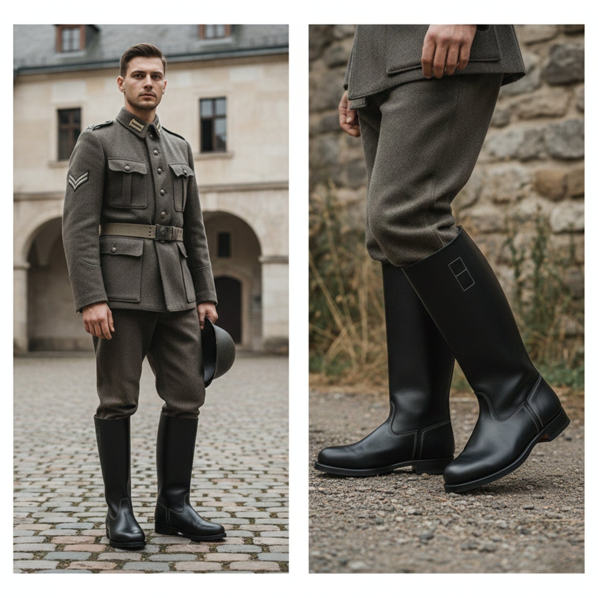 Black leather close-up on NOIRTIDE German Officer jackboots