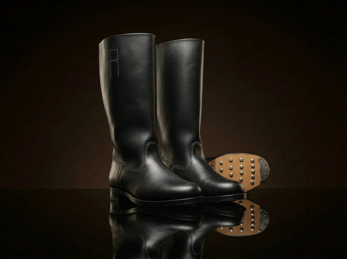 German Officer jack boots in black leather with hobnail sole — NOIRTIDE