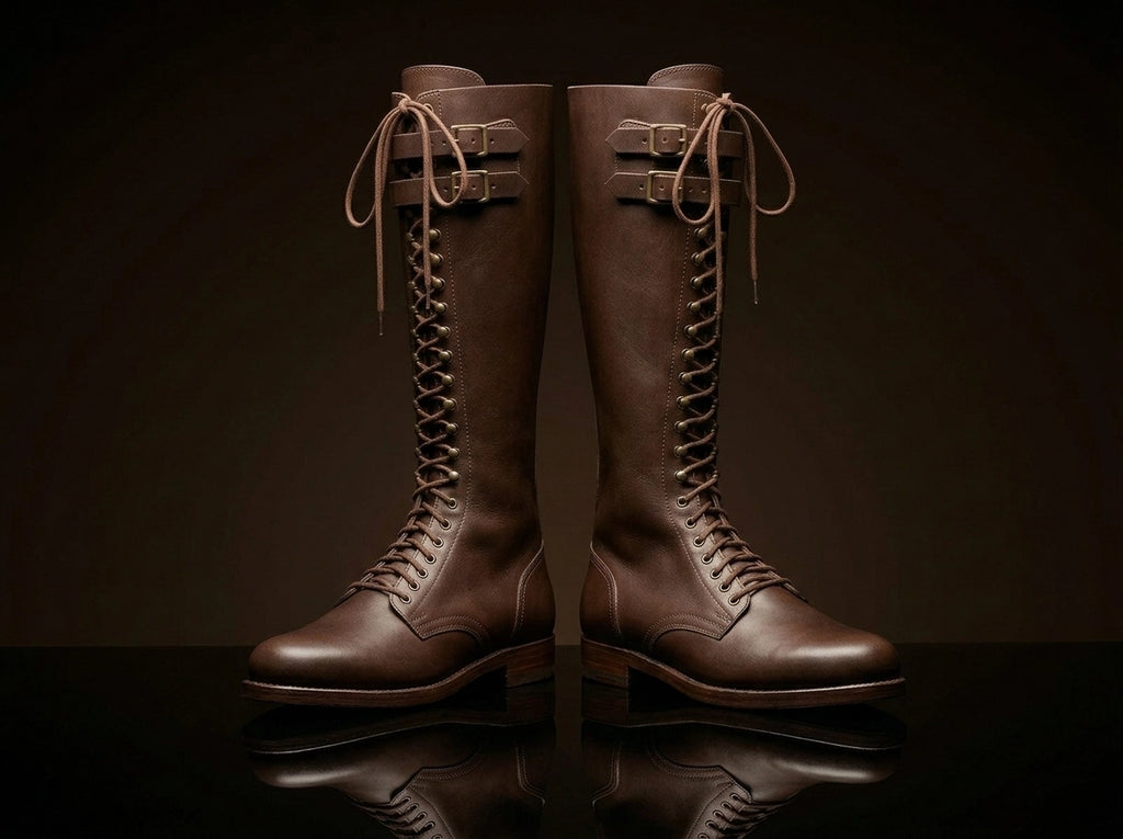 Front view of NOIRTIDE German SA Kampfzeit tall leather boots