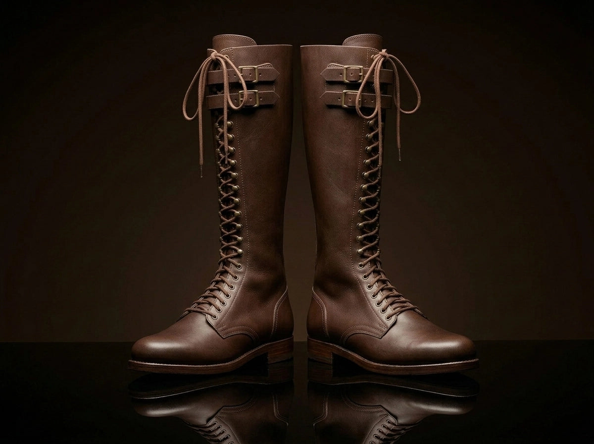 Front view of NOIRTIDE German SA Kampfzeit tall leather boots