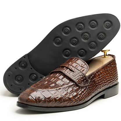 noirtide Hand-Made Custom Men's Dark Brown Crocodile Pattern Leather Loafer