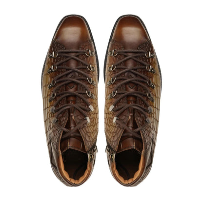 noirtide Handmade Custom Brown Crocodile Pattern Leather Laceup Boots For Men