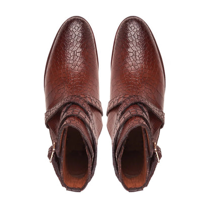 noirtide Handmade, Custom Corcodile Pattern Leather Men Brown Jodhpur Boots, Horse Riding Boots