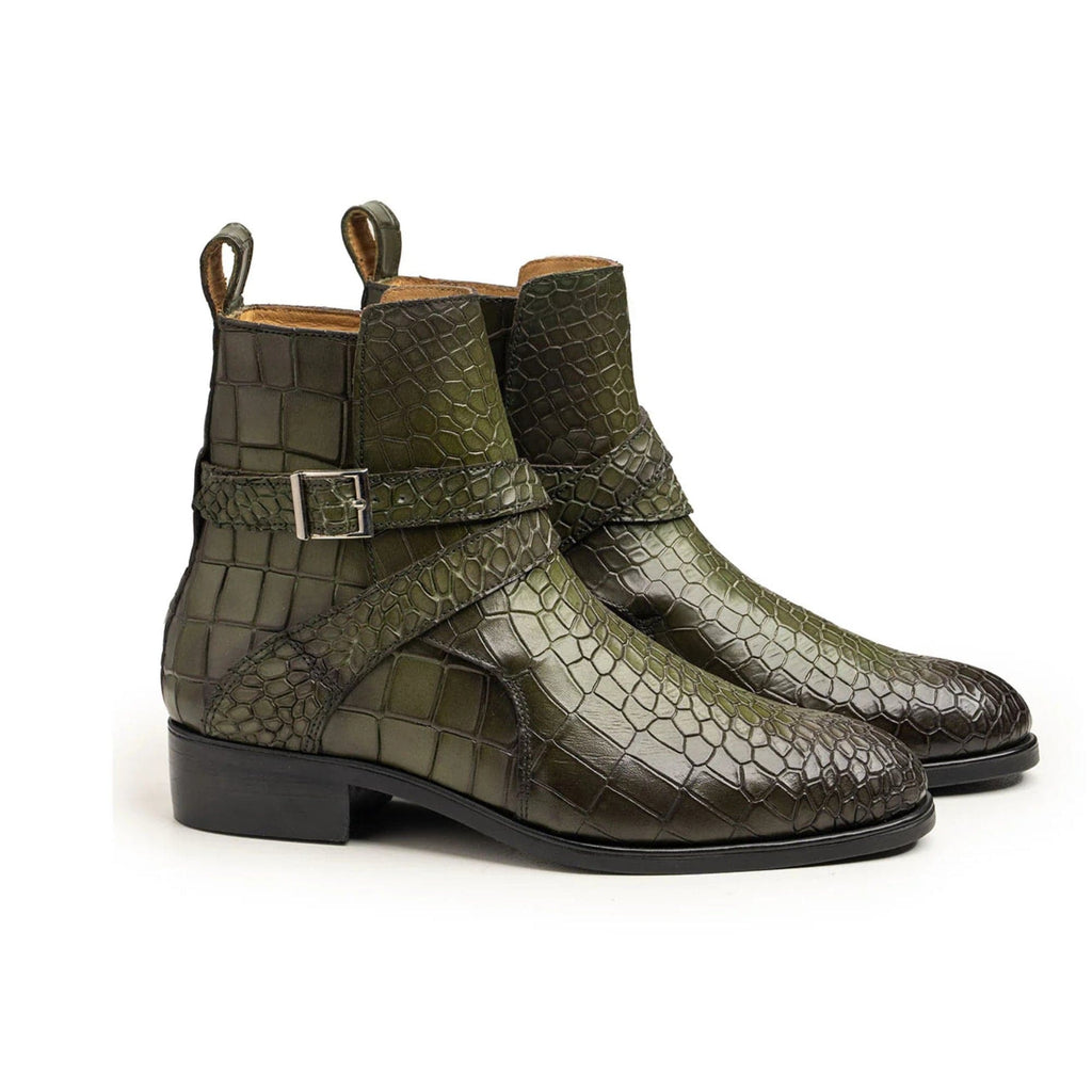 noirtide Handmade, Custom Crocodile Pattern Leather Men Green Jodhpur Boots, Horse Riding Boots