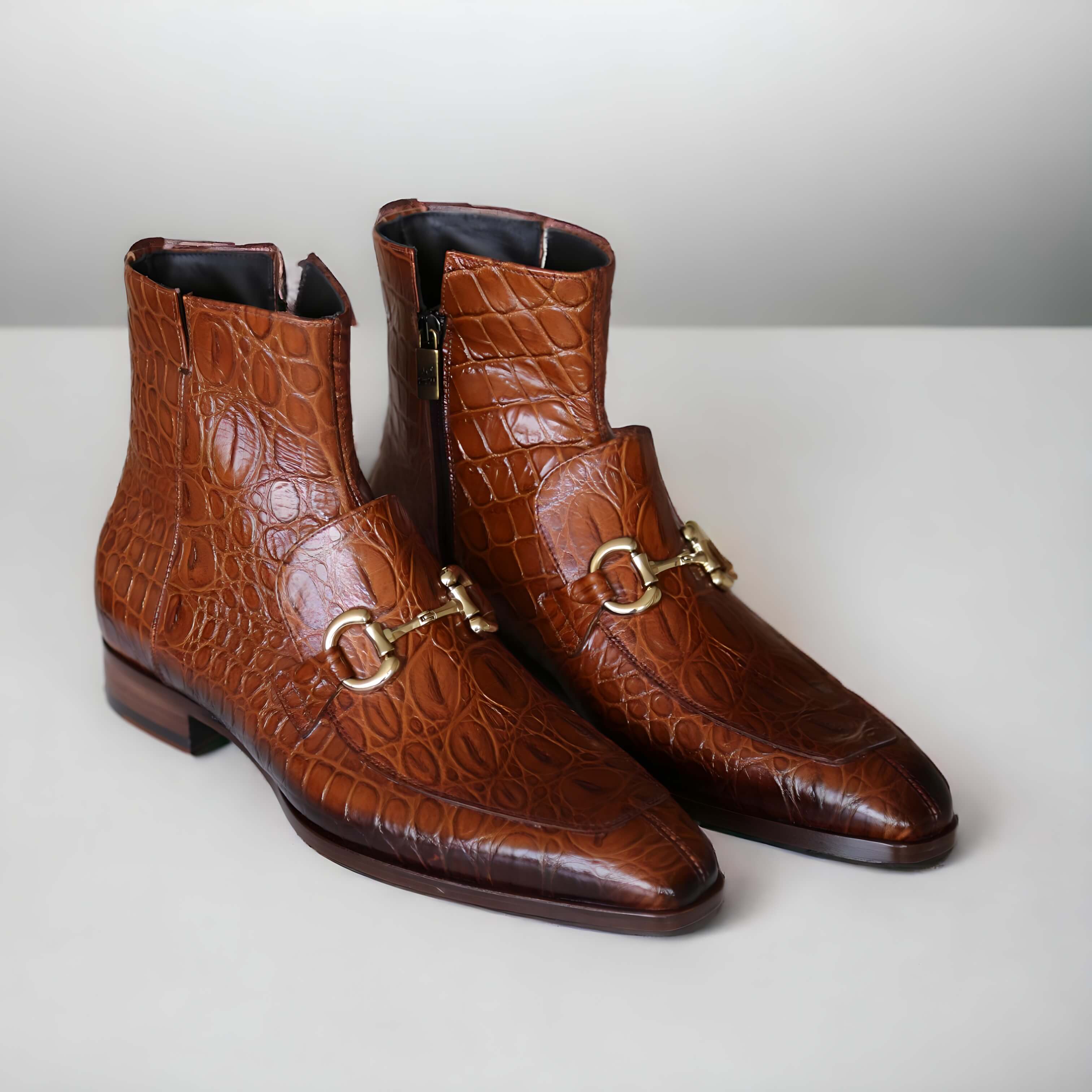 noirtide Handmade Custom Crocodile Print Leather Horse Bit Boots For Men