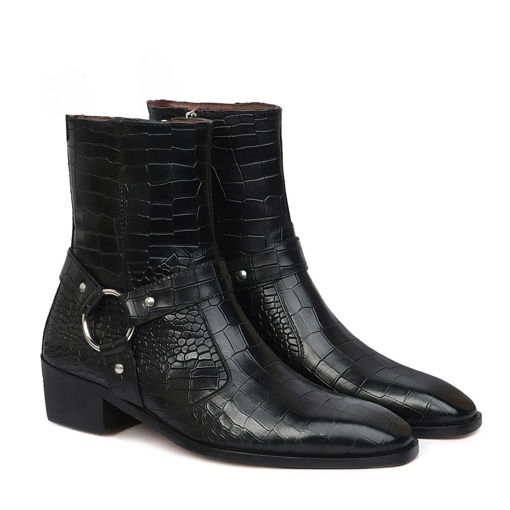 noirtide Handmade Custom Dark Black Leather Crocodile Pattern Jodhpur Boots For Men