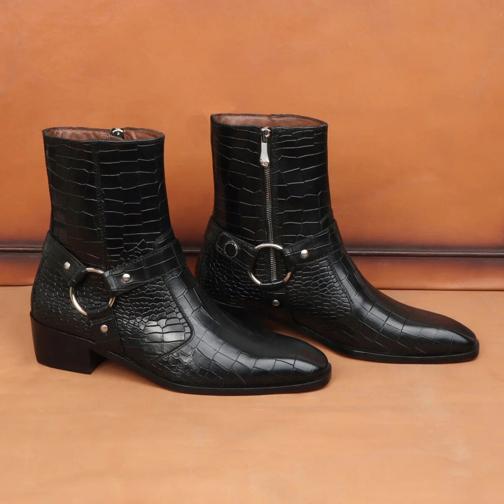 noirtide Handmade Custom Dark Black Leather Crocodile Pattern Jodhpur Boots For Men