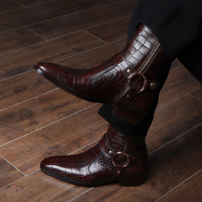 noirtide Handmade Custom Dark Brown Leather Crocodile Pattern Jodhpur Boots For Men