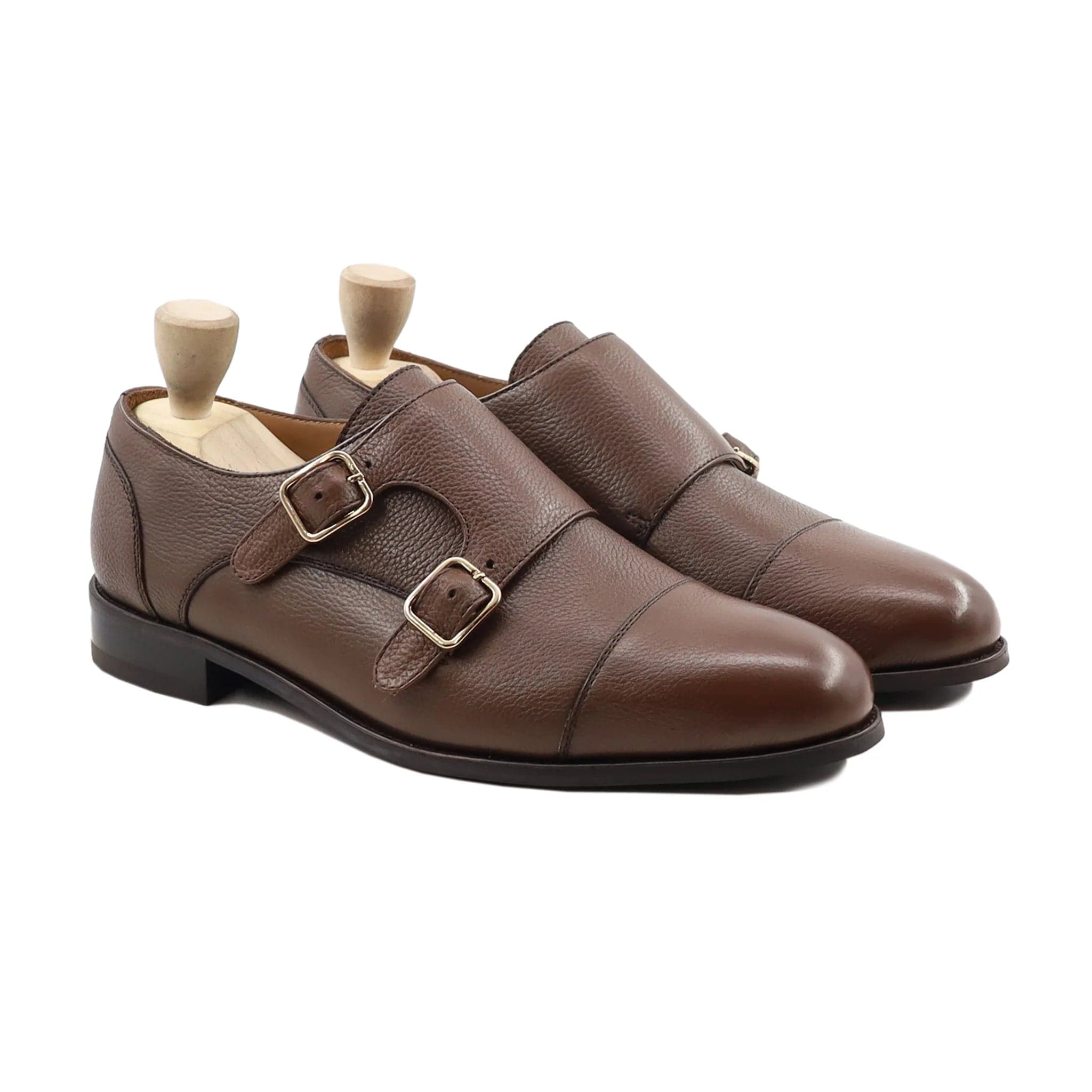 noirtide Handmade Custom Men Brown Pebble Grain Leather Double Monkstrap Shoes