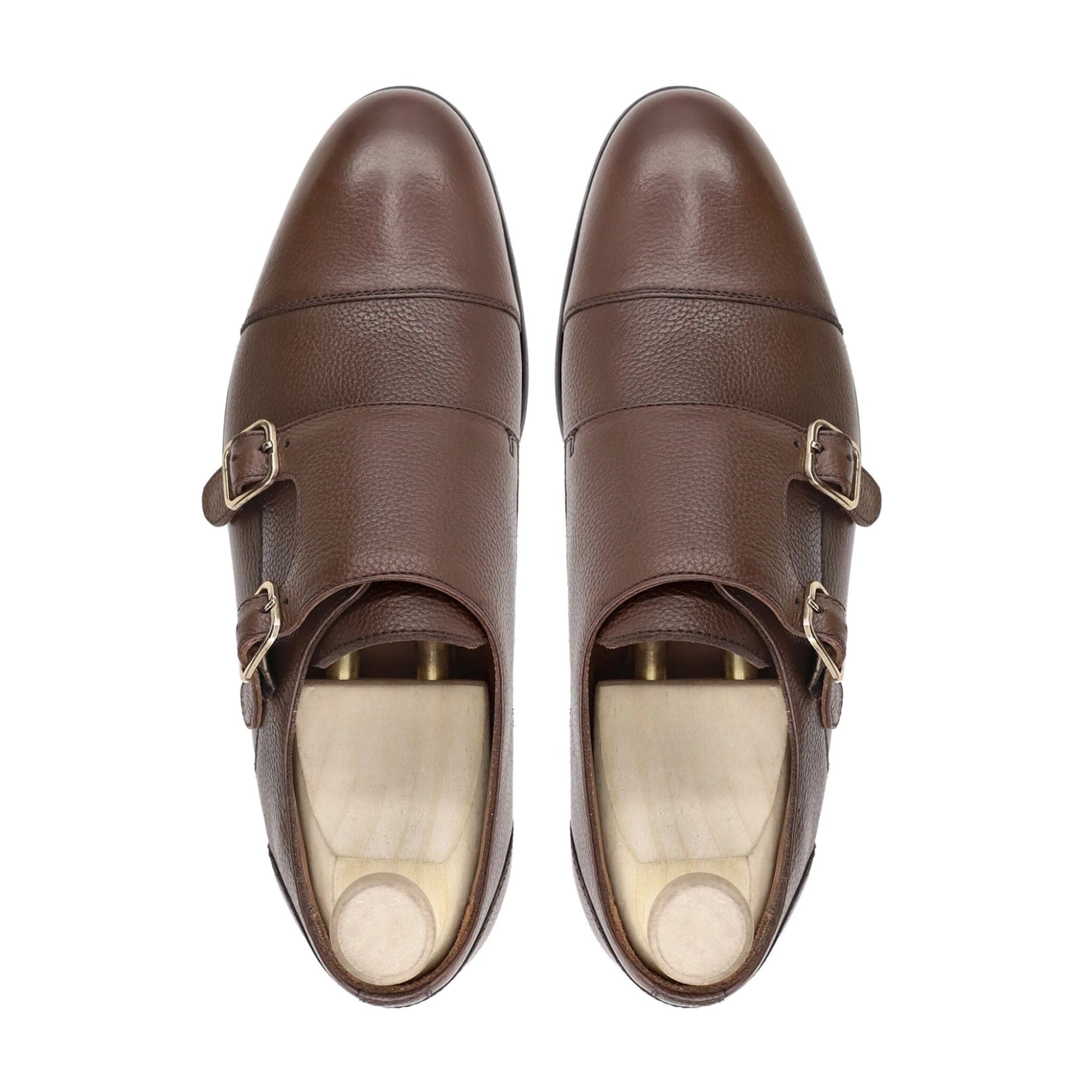 noirtide Handmade Custom Men Brown Pebble Grain Leather Double Monkstrap Shoes