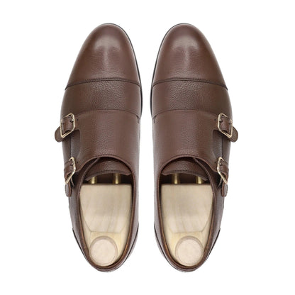 noirtide Handmade Custom Men Brown Pebble Grain Leather Double Monkstrap Shoes