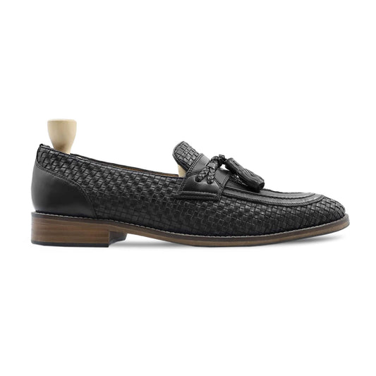 noirtide Men Loafers US 4.5 / Leather Handmade, Custom Men's Black Hand Woven Calf Leather Loafer