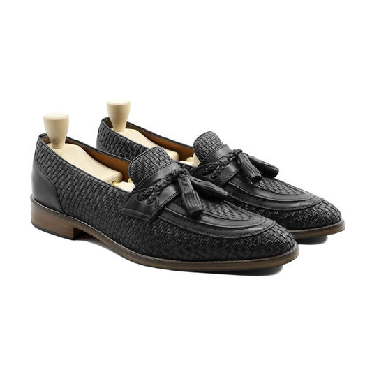 noirtide Men Loafers Handmade, Custom Men's Black Hand Woven Calf Leather Loafer