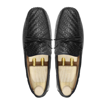 noirtide Men Loafers Handmade, Custom Men's Black Hand Woven Calf Leather Loafer Shoe