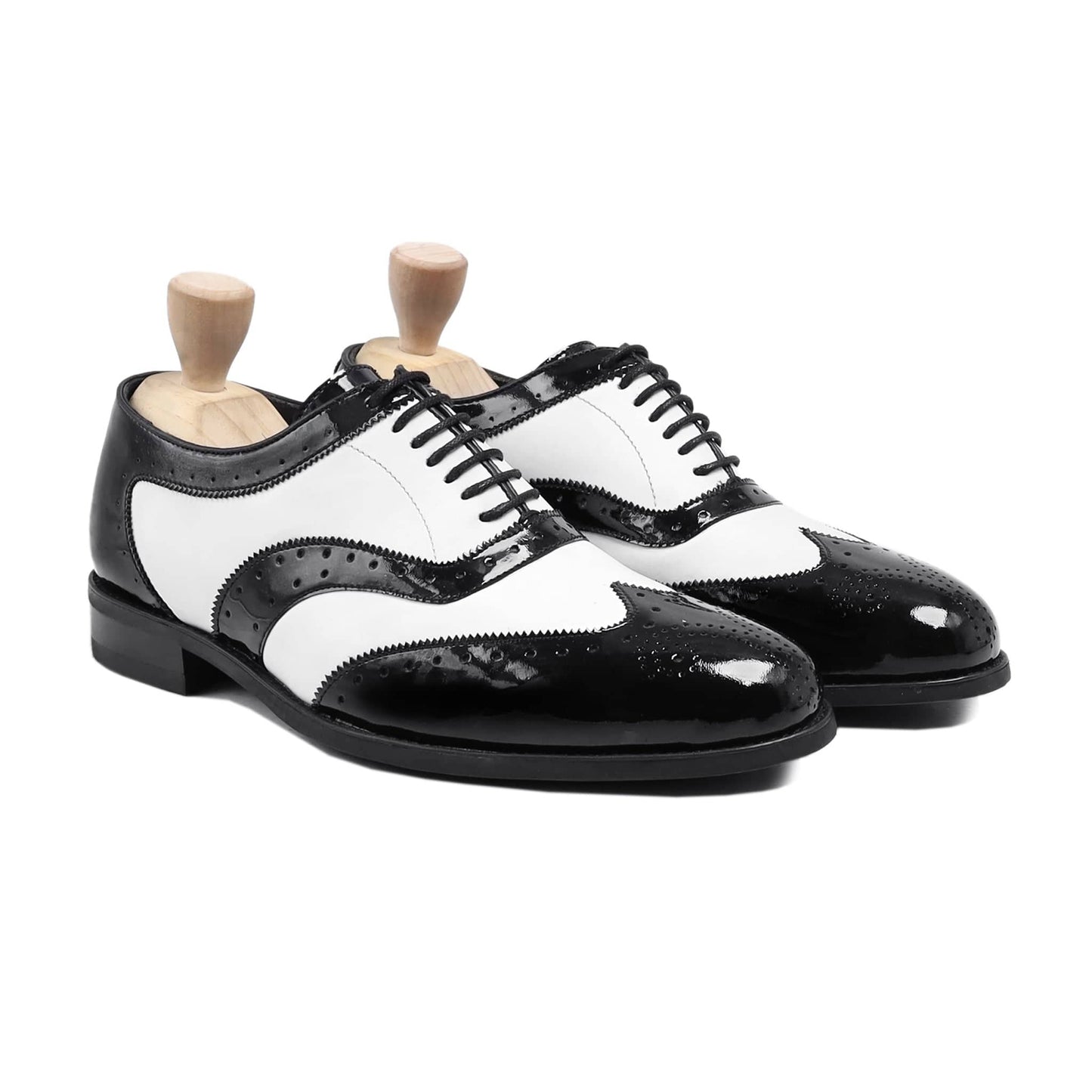 noirtide Men Shoes Handmade, Custom Men's Black Patent and White Box Leather High Shine Oxford Shoe
