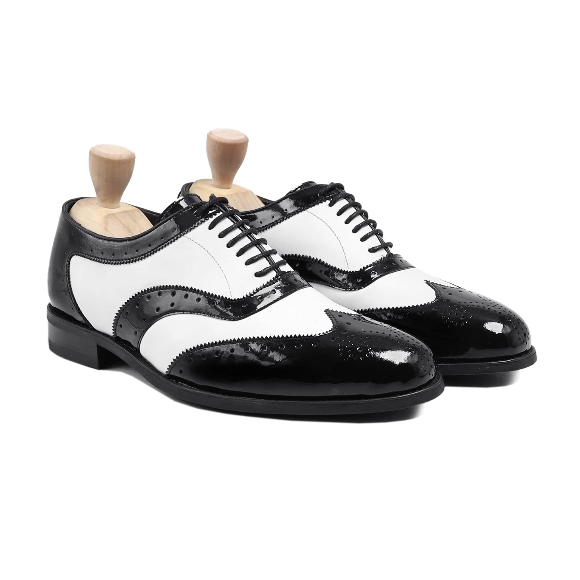 noirtide Men Shoes Handmade, Custom Men's Black Patent and White Box Leather High Shine Oxford Shoe