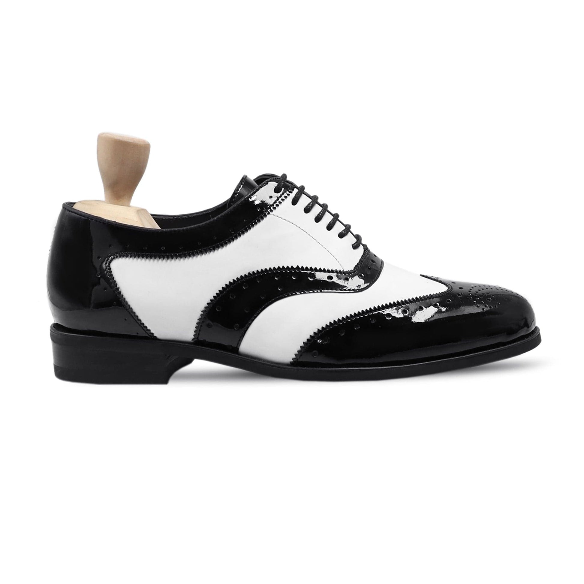 noirtide Men Shoes US 4.5 / Leather Handmade, Custom Men's Black Patent and White Box Leather High Shine Oxford Shoe