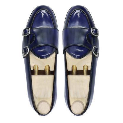 noirtide Handmade Custom Men's Blue Box Leather High Shine Double Monkstrap