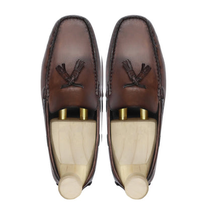 noirtide Handmade, Custom Men's Brown Patina Calf Leather Loafer Shoe