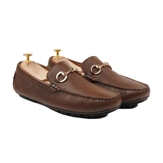 noirtide Handmade, Custom Men's Brown Pebble Grain Leather Loafer Shoe