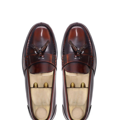 noirtide Handmade, Custom Men's Burnished Brown Box Leather High Shine Loafer