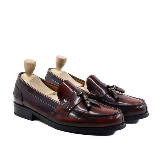 noirtide Handmade, Custom Men's Burnished Brown Box Leather High Shine Loafer