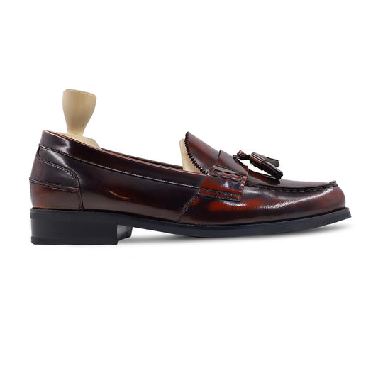 noirtide Handmade, Custom Men's Burnished Brown Box Leather High Shine Loafer
