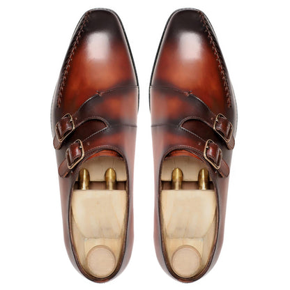noirtide Handmade Custom Men's Burnished Brown Patina Double Monkstrap