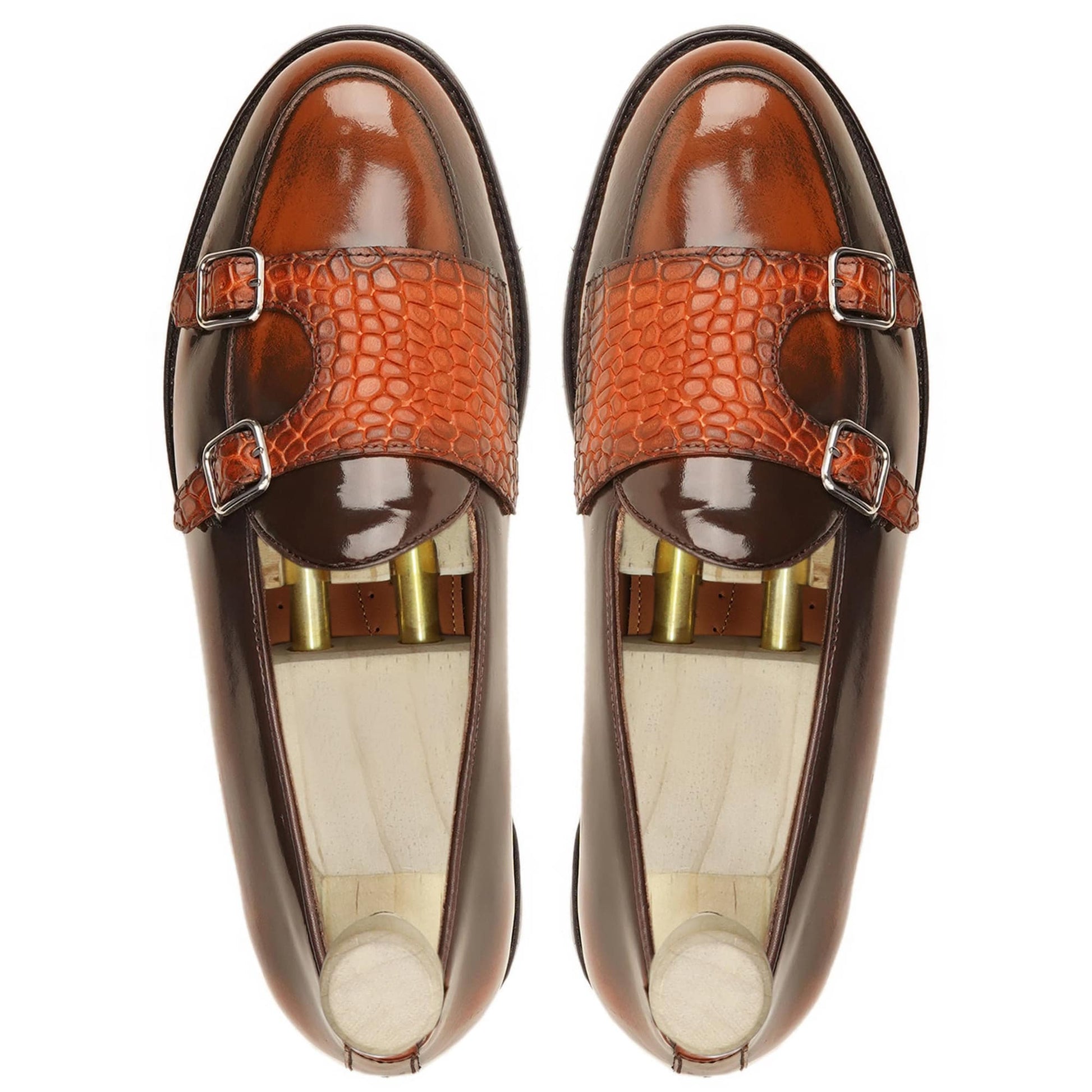 noirtide Handmade Custom Men's Burnished Tan Box Leather High Shine Double Monkstrap