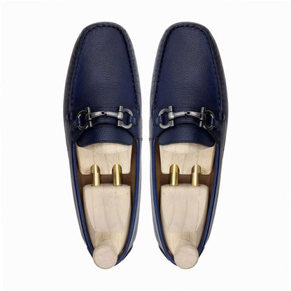 noirtide Handmade, Custom Men's Navy Blue Pebble Grain Leather Loafer Shoe