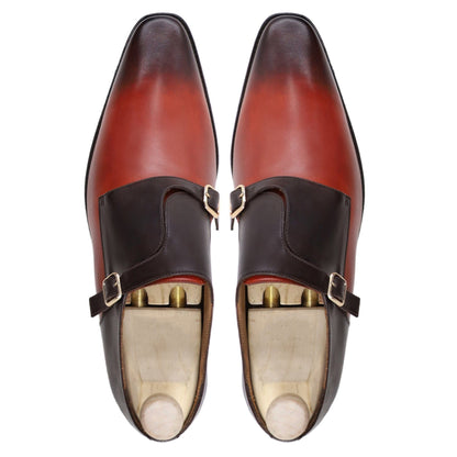noirtide Handmade Custom Men's Orange Tan and Dark Brown Calf Leather Double Monkstrap