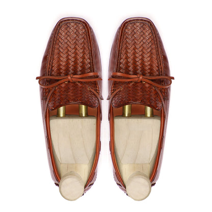 noirtide Handmade, Custom Men's Orange Tan Hand Woven Calf Leather Loafer Shoe