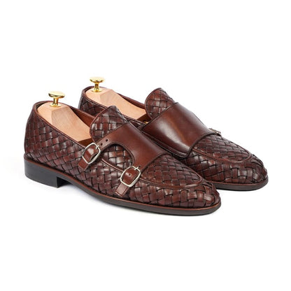 noirtide Men Shoes Handmade, Custom Men's Reddish Brown Calf Leather Double Monkstrap