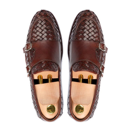 noirtide Men Shoes Handmade, Custom Men's Reddish Brown Calf Leather Double Monkstrap