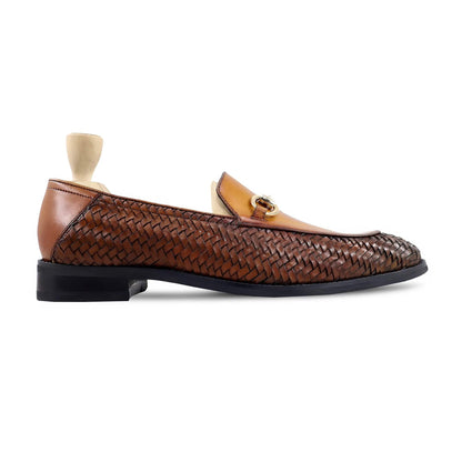 noirtide Men Loafers US 4.5 / Leather Handmade, Custom Men's Tan Brown Calf and Hand Woven Calf Leather Loafer