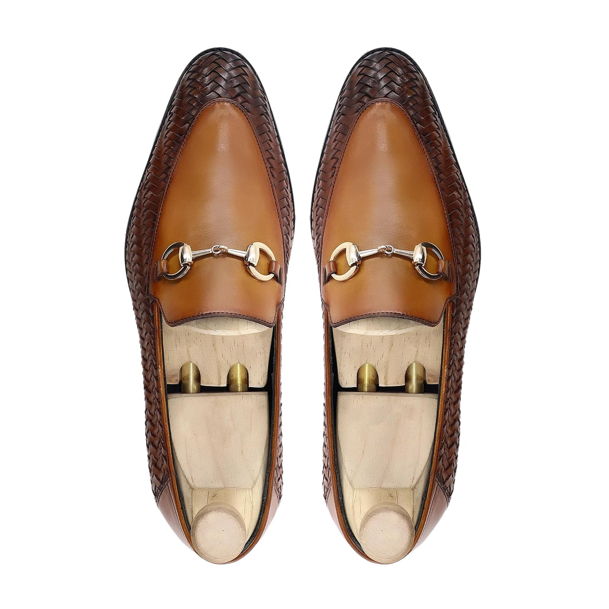 noirtide Handmade, Custom Men's Tan Brown Calf and Hand Woven Calf Leather Loafer