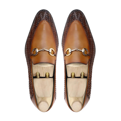 noirtide Handmade, Custom Men's Tan Brown Calf and Hand Woven Calf Leather Loafer