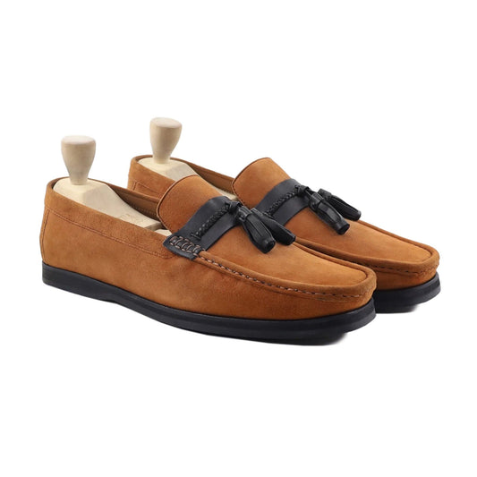 noirtide Men Loafers Handmade, Custom Men's Tan Kid Suede and Black Calf Leather Loafer