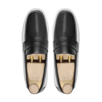 noirtide Men Loafers Handmade, Custom Men's White and Black Box Leather High Shine Loafer