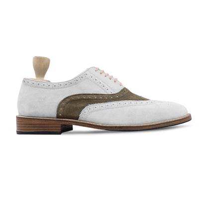noirtide Men Shoes US 4.5 / Leather Handmade, Custom Men's White and Brown Kid Suede Oxford Shoe