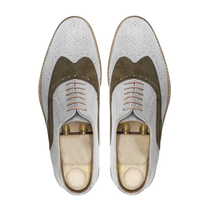 noirtide Men Shoes Handmade, Custom Men's White and Brown Kid Suede Oxford Shoe