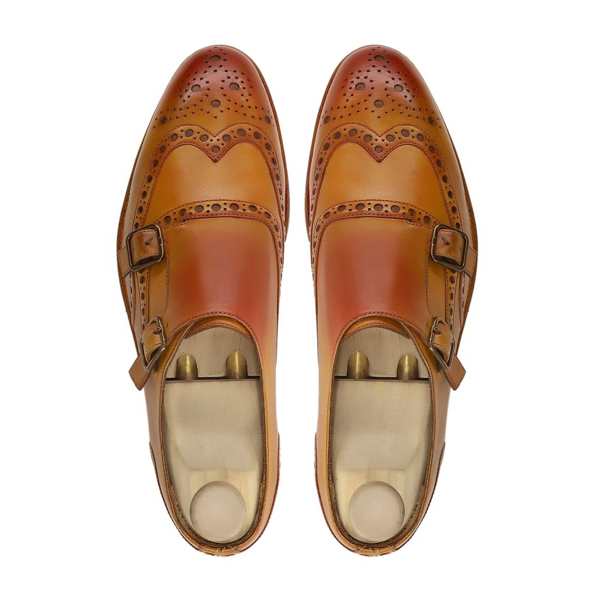 noirtide Handmade Custom Men Tan Yellow Leather Double Monkstrap Shoes