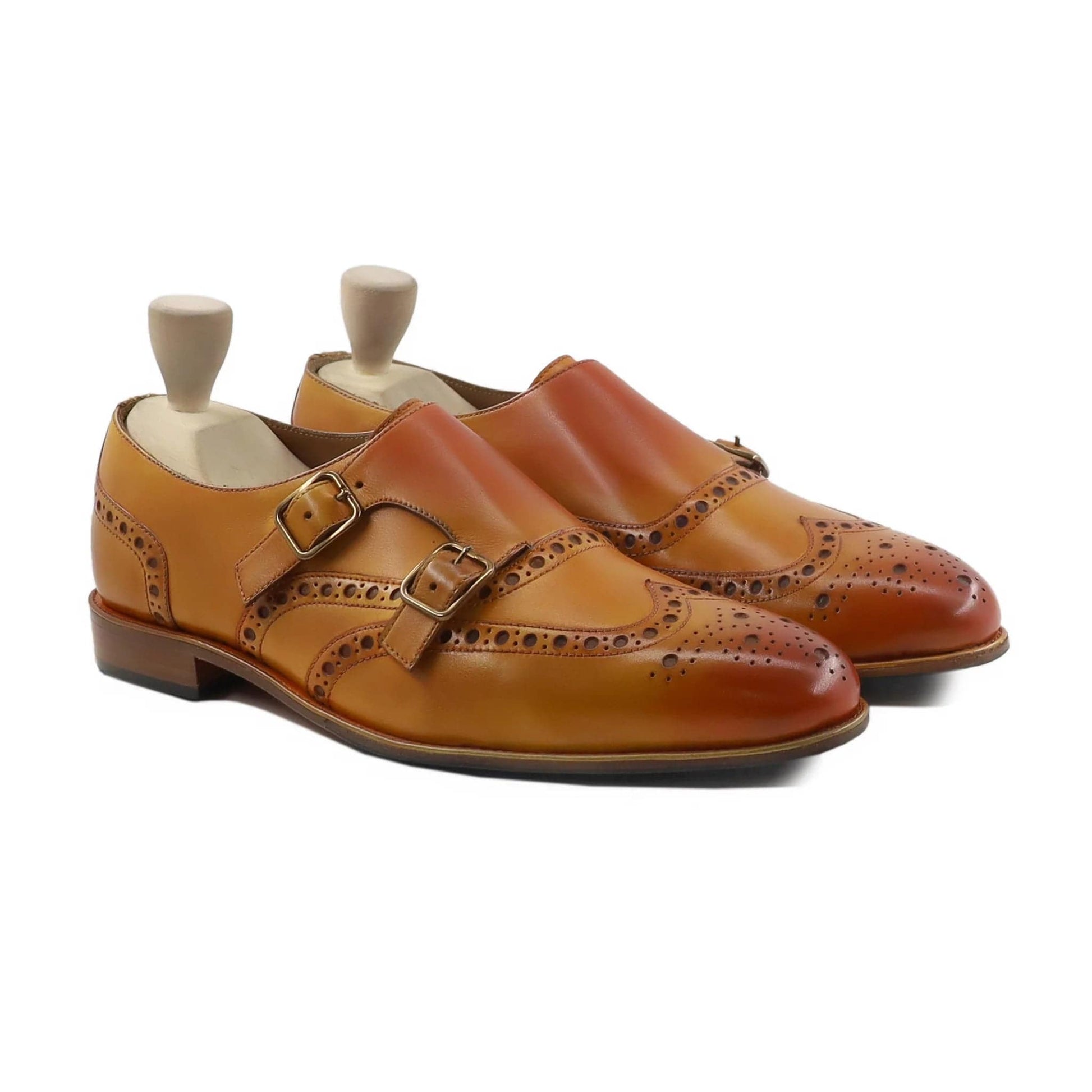 noirtide Handmade Custom Men Tan Yellow Leather Double Monkstrap Shoes