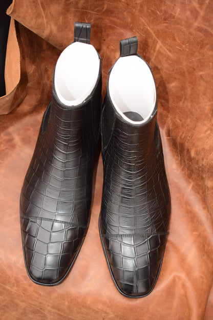 noirtide Handmade Customisable Black Crocodile Pattern Leather Chelsea Boots For Men