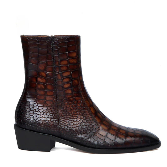 noirtide Handmade Customisable Brown Flame Leather Crocodile Pattern Chelsea Boots For Men