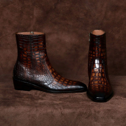 noirtide Handmade Customisable Brown Flame Leather Crocodile Pattern Chelsea Boots For Men