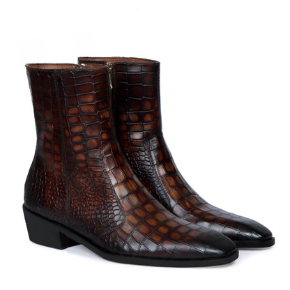 noirtide Handmade Customisable Brown Flame Leather Crocodile Pattern Chelsea Boots For Men