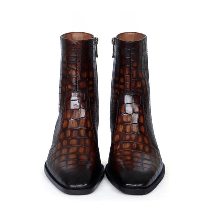 noirtide Handmade Customisable Brown Flame Leather Crocodile Pattern Chelsea Boots For Men