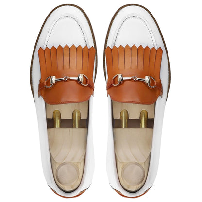 noirtide Handmade Customizable Men's White & Brown Calf Leather Saddle Loafer
