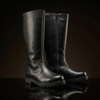 Front view of NOIRTIDE custom Jedi Temple Guard black cosplay boots